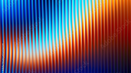 Fractal glass texture with glowing blurred gradient light in blue fiery orange tones. Vertical ribbed lines create modern geometric pattern with glowing luminous waves for futuristic creative concepts