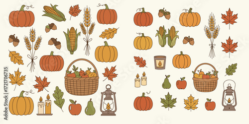 Flat minimalist doodle vector of harvest and autumn festival elements with earthy muted tones. Perfect for seasonal posters, greeting cards, packaging, and digital clipart.
