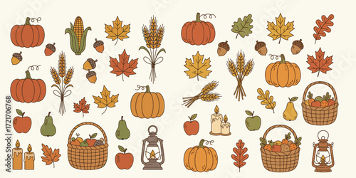 Flat minimalist doodle vector of harvest and autumn festival elements with earthy muted tones. Perfect for seasonal posters, greeting cards, packaging, and digital clipart.