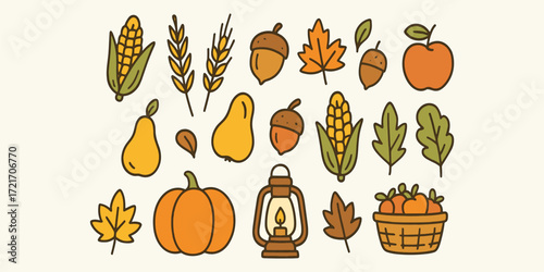 Flat minimalist doodle vector of harvest and autumn festival elements with earthy muted tones. Perfect for seasonal posters, greeting cards, packaging, and digital clipart.