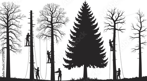 Silhouetted arborists climbing and trimming trees in forest, tree care workers, forestry maintenance, outdoor nature work, climbing gear, safety equipment, tree pruning, environmental conservation