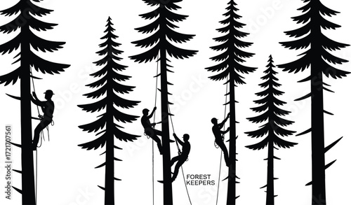 Silhouetted linemen repairing power lines, tree climbers in forest, utility workers on poles, electrical maintenance, outdoor work, safety gear, night repair, industrial scene, nature protection