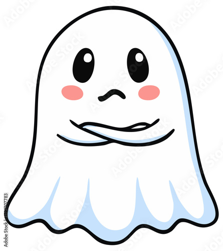 Cute cartoon ghost with arms crossed and upset face, halloween clipart illustration 