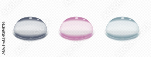 Set of colorful semi transparent serum drops. Vector illustration. Realistic blobs of gel, collagen, jelly texture isolated on transparent background