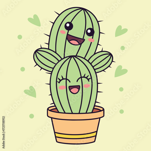 Cartoonish happy stacked cacti sit in a cute pot, with hearts adorning the background