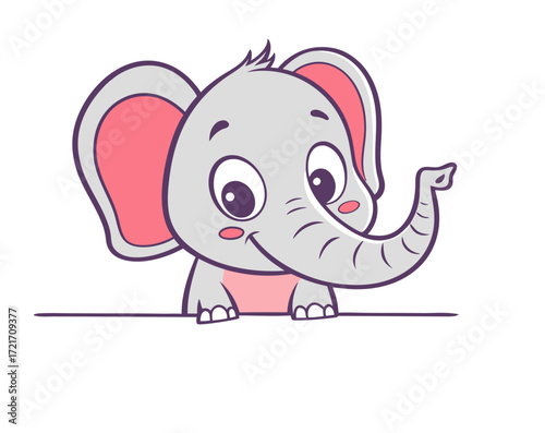 A cute cartoon baby elephant peeking over a border. The cheerful and adorable animal character is smiling, isolated on a white background with copy space.