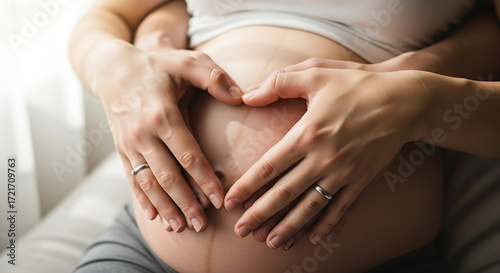 Wallpaper Mural Close-up of a loving couple's hands forming a heart shape over a pregnant woman's baby bump, symbolizing deep affection, anticipation, and the beautiful journey of impending parenthood Torontodigital.ca