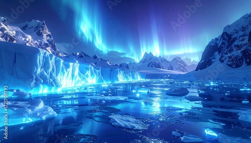 氷の床と幻想的な青い光、美しいアクセント、かっこいい雰囲気の背景画像 Generated by A 