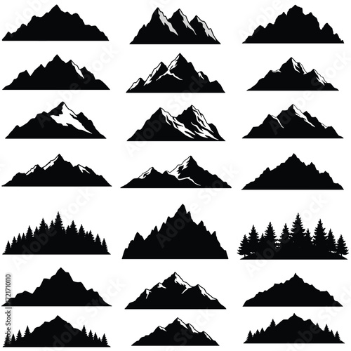 Set of vector nature silhouettes - mountains, trees, mountains and glaciers - design elements - mountain ranges, hills and forests