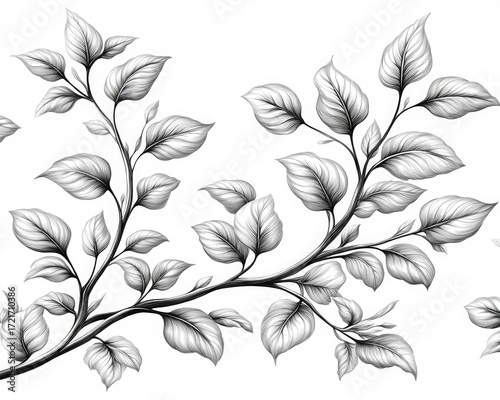 Black and white drawing of branches and leaves with detailed line work. It is great for backgrounds, design elements, or artistic presentations.
