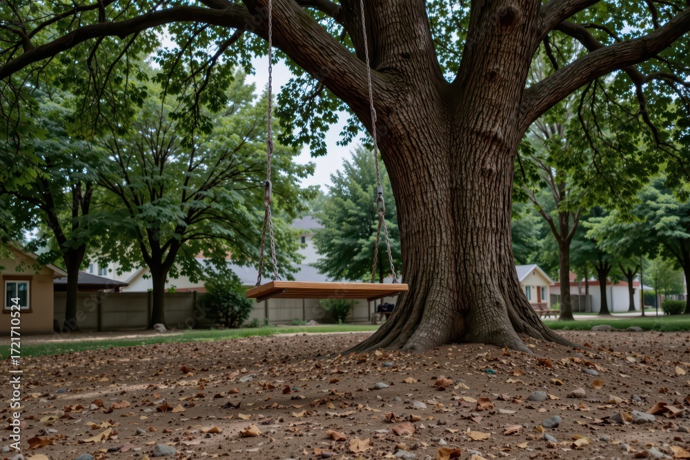 Obraz premium Nostalgic Childhood: A Classic Tree Swing on a Playground, Evoking Family Fun and Playful Memories in Natural Surroundings