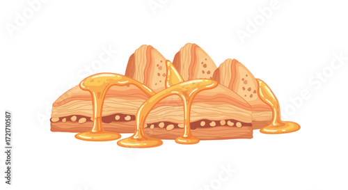 Delicious handcrafted baklava, a traditional sweet pastry with nuts, generously drizzled with golden honey syrup, depicted as a vibrant culinary illustration for a delightful culinary experience