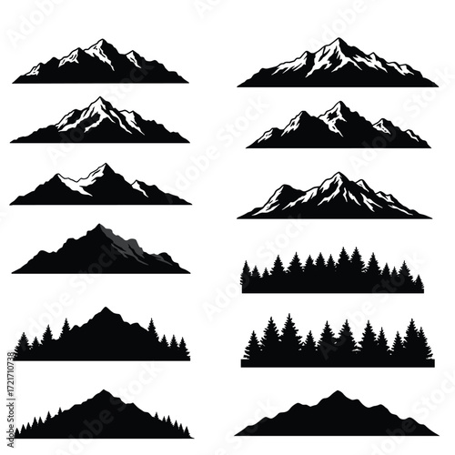 Set of vector nature silhouettes - mountains, trees, mountains and glaciers - design elements - mountain ranges, hills and forests