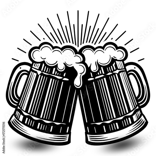 Cheers to the Brew: An illustrated artistic representation of two overflowing beer mugs clinking in a celebratory toast, brimming with frothy refreshment and a rustic, pub-like ambiance.