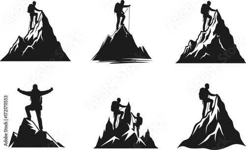 Mountain climbers silhouettes on rugged peaks, adventure sports, outdoor exploration, extreme hiking, summit victory, alpine challenge, perseverance, endurance, nature, gear