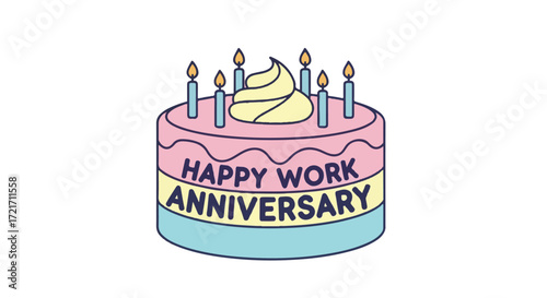 Bright graphic illustration of a tiered cake with lit candles and 'Happy Work Anniversary' message, symbolizing corporate celebration and employee recognition