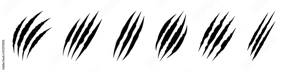 Fototapeta premium Animal claw scratches mark set. Cat tiger scratches paw shape collection.