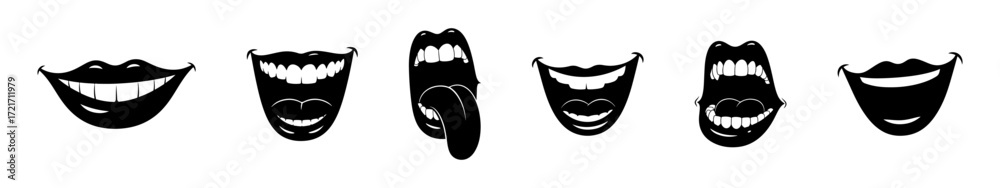 Naklejka premium Lips and mouth in scream and smile. Cartoon mouth collection.