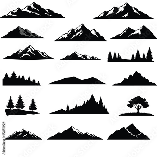 Set of vector nature silhouettes - mountains, trees, mountains and glaciers - design elements - mountain ranges, hills and forests