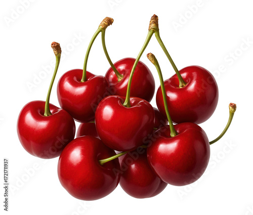 Collection of sweet red cherries on a white background.