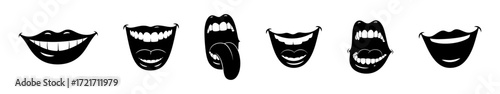 Lips and mouth in scream and smile. Cartoon mouth collection.