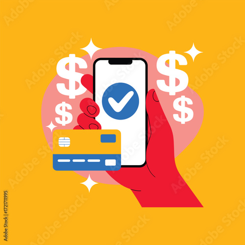 Hand holding smartphone with credit card and dollar signs mobile