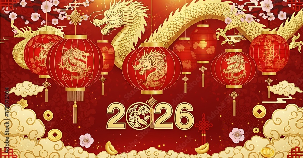 Fototapeta premium A festive chinese new year celebration in 2026 with red lanterns, a golden dragon, and delicate plum blossoms against a vibrant red backdrop, symbolizing prosperity and good fortune