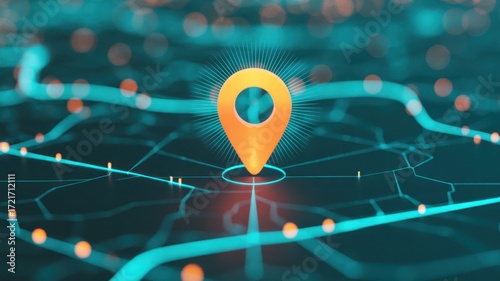 Navigating New Horizons: An artistic rendition of a map pin, marking a pivotal location on a technologically advanced, teal-colored map, symbolizing direction and exploration.