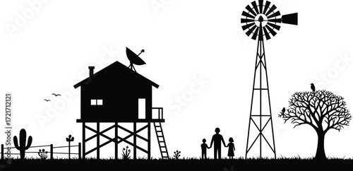 Rural countryside house silhouette vector illustration with family, windmill, tree, cactus, fence, satellite dish, farm lifestyle design for village, homestead, agriculture, outdoor nature