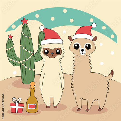 Two adorable cartoon llamas are celebrating Christmas near a festive cactus tree