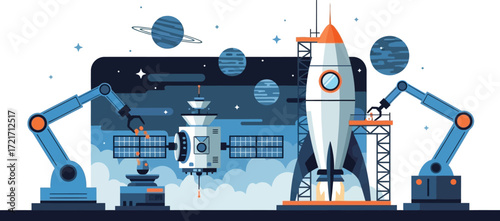 Robotic arms assemble a rocket and satellite against a starry backdrop with planets.