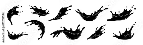 Water splashes set. Water design element, falling droplets silhouettes.
