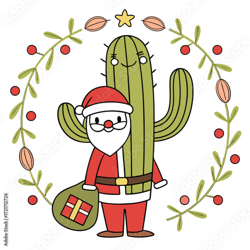 Happy Santa Claus hugs a funny cactus inside festive Christmas leaves wreath on white