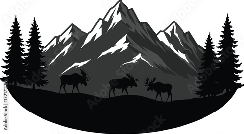 Majestic mountain landscape vector illustration with moose silhouettes, evergreen pine trees, wilderness wildlife scenery, natural forest background design for outdoor adventure, camping, travel