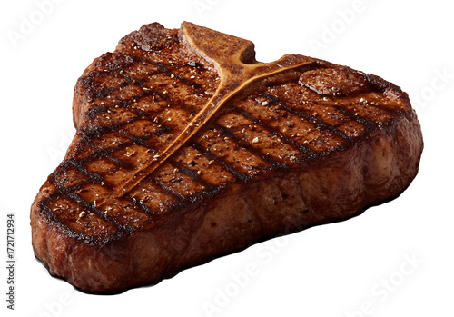 Grilled T-bone steak with seasonings on a slate serving plate.