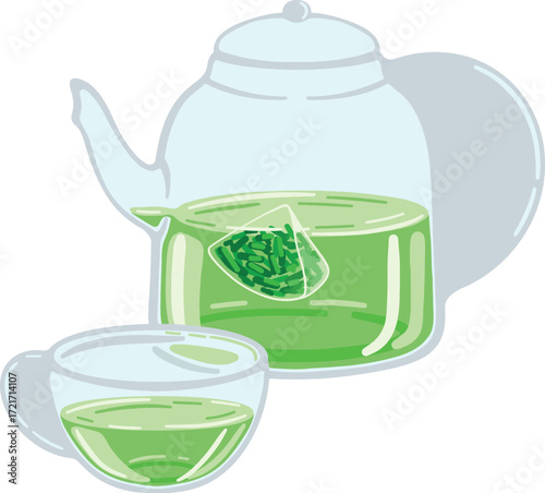 A clear glass teapot filled with green liquid and a tea bag next to a glass cup of the same liquid