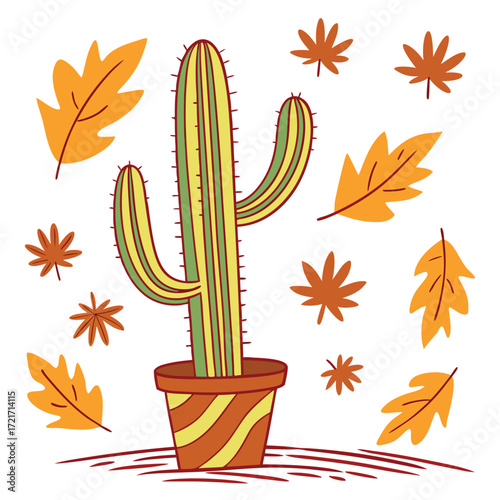Cartoon cactus plant thrives among falling autumn leaves, showcasing the seasons shifting in nature