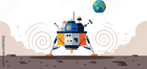 Space exploration vehicle lands on alien planet with Earth in the distance.