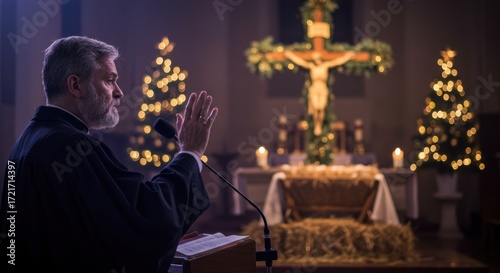 Wallpaper Mural Man priest giving a sermon during Christmas church service. Religious celebration, spiritual worship, prayer concept. Torontodigital.ca