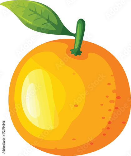 A closeup illustration of an orange with a stem and leaf