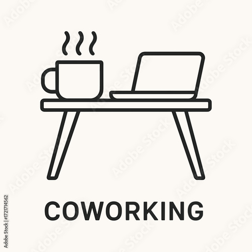 Minimalistic design of a coworking table with a laptop and coffee cup for a productive space