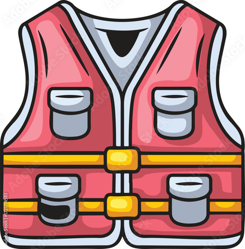 A pink and gray life vest with yellow accents and pockets