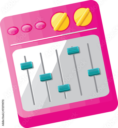 A pink audio mixer with two yellow knobs and five sliders