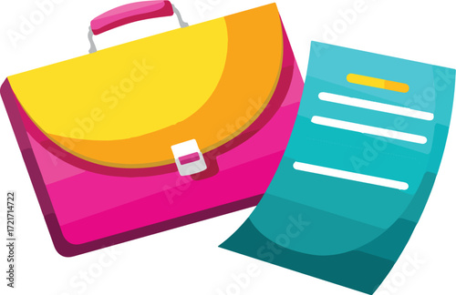 A pink briefcase with a yellow flap next to a teal document