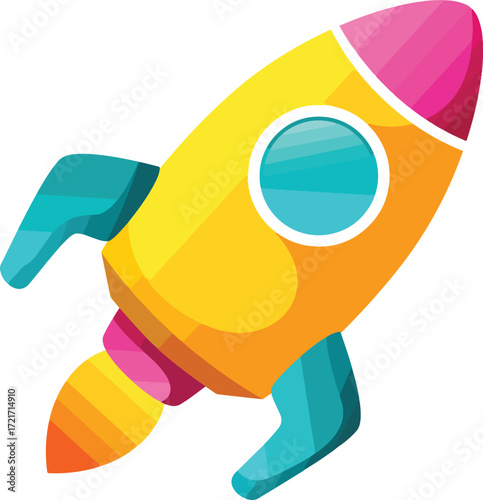 A cartoon rocket ship with yellow orange blue and pink colors