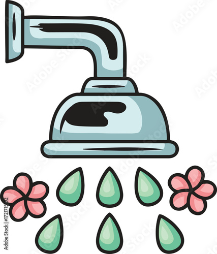 A cartoon shower head with water drops and flowers