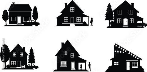 Residential house silhouettes, modern architecture, suburban homes, black icons, family lifestyle, trees, cars, pets, walking, neighborhood design, vector illustration, real estate, building shapes, u