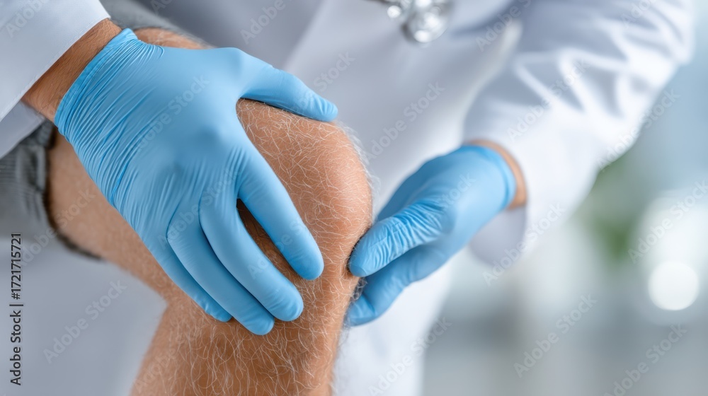 Fototapeta premium A medical professional wearing blue gloves examines a patient's knee, indicating a health assessment or treatment of joint pain or injury.