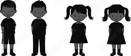 PrintCartoon silhouette illustration of children, boys and girls, standing together, kids vector art, childhood design, education, school, family, lifestyle