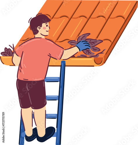A person on a ladder cleans leaves from a gutter